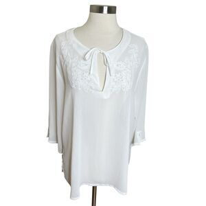 Vintage Blouse Womens Large White 3/4 Sleeve Embroidered Keyhole Tie Sheer